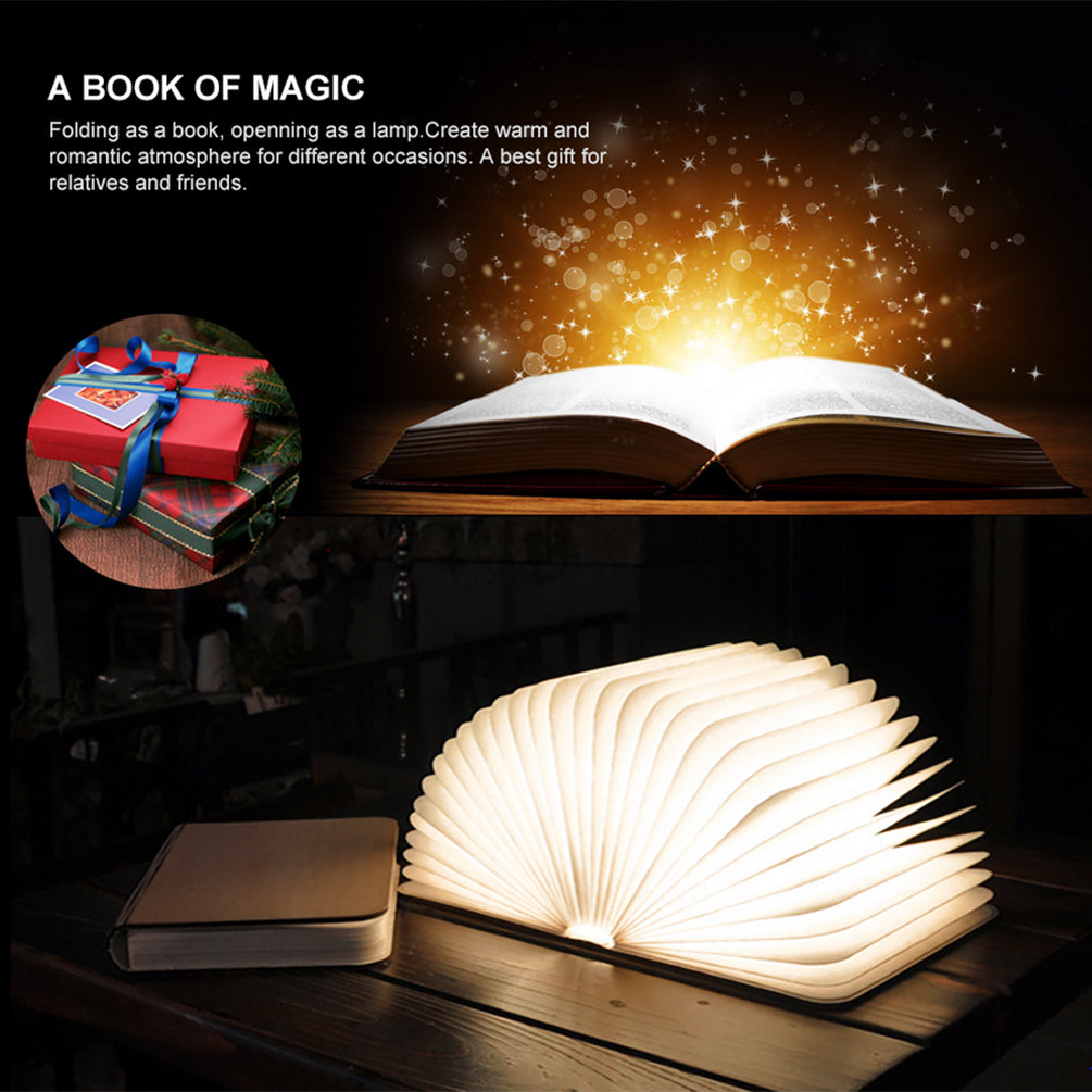 Book LED Night Light Folding Book Light USB Port Rechargeable Wooden Magnet Cover